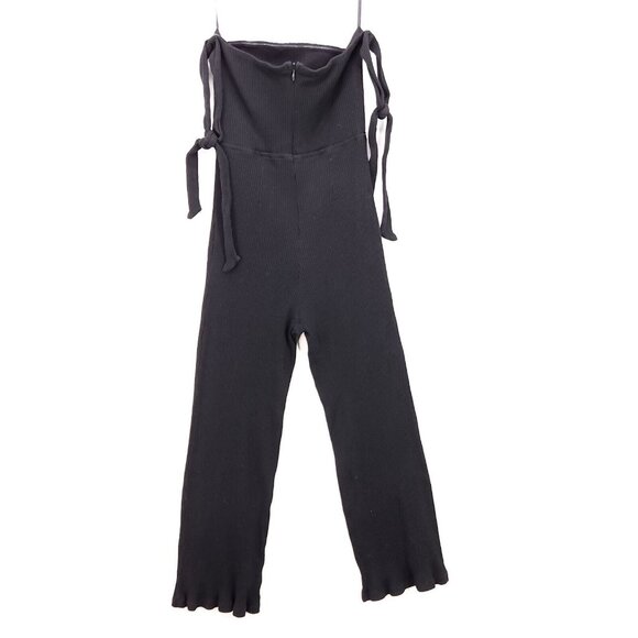 NBD Revolve Eden Jumpsuit Shoulder Tie Straps Ribbed Black Small Crop Straight - Picture 3 of 13